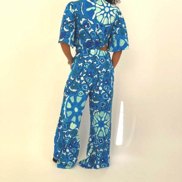 RHODE Pants - RHODE Blue & Aqua Floral Wide-Leg Jumpsuit